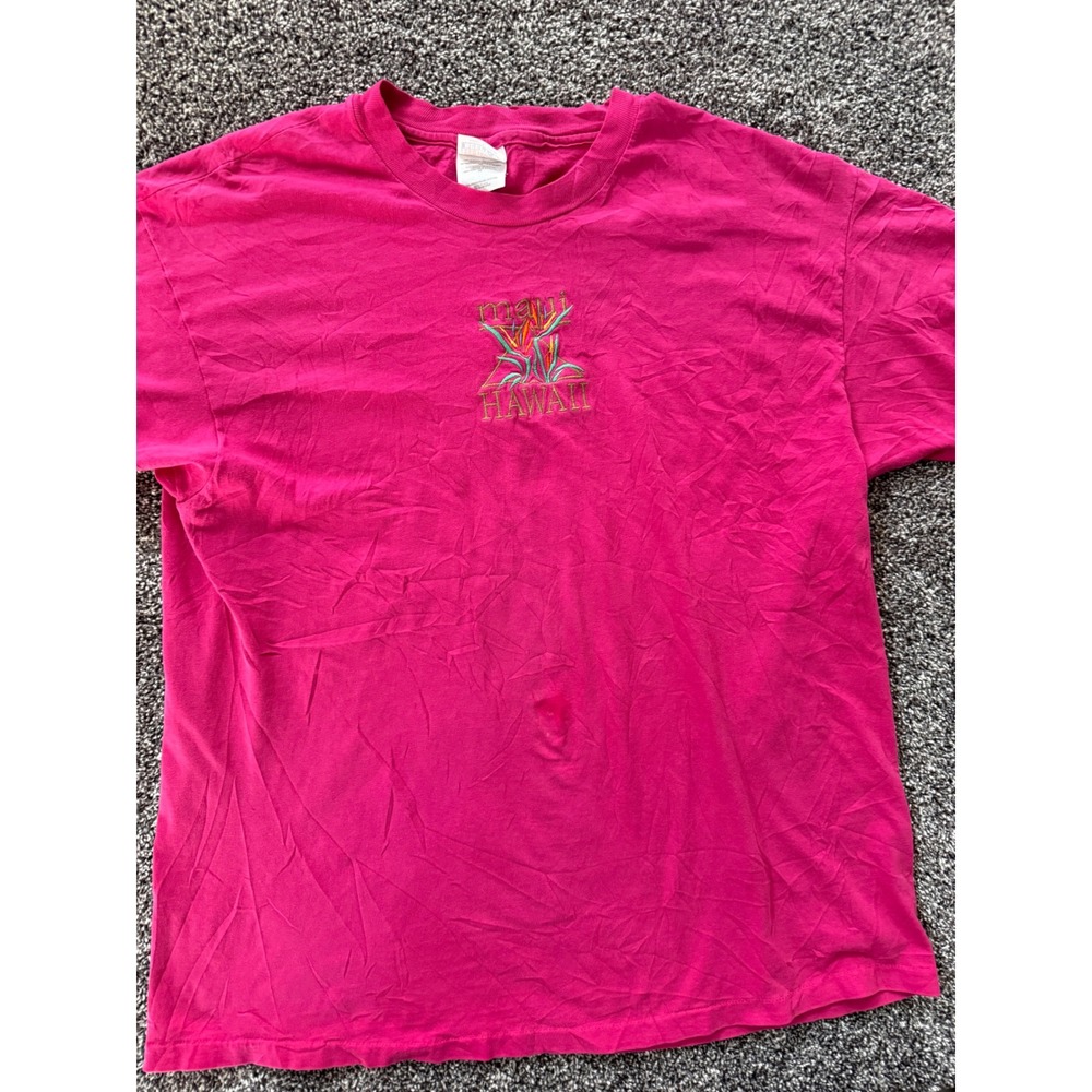 Vintage90s Hanes Beefy-T Maui Hawaii Embroidered T-Shirt Pink XL Made in USA